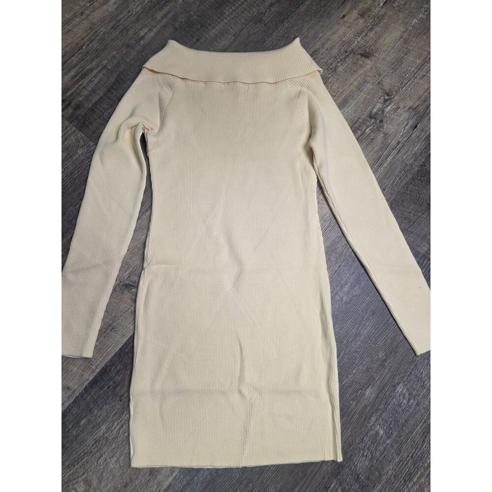 Qinsen Womens L Dress Cream Ribbed Knit Off Shoulder Long Sleeve Bodycon NWT - Picture 6 of 6
